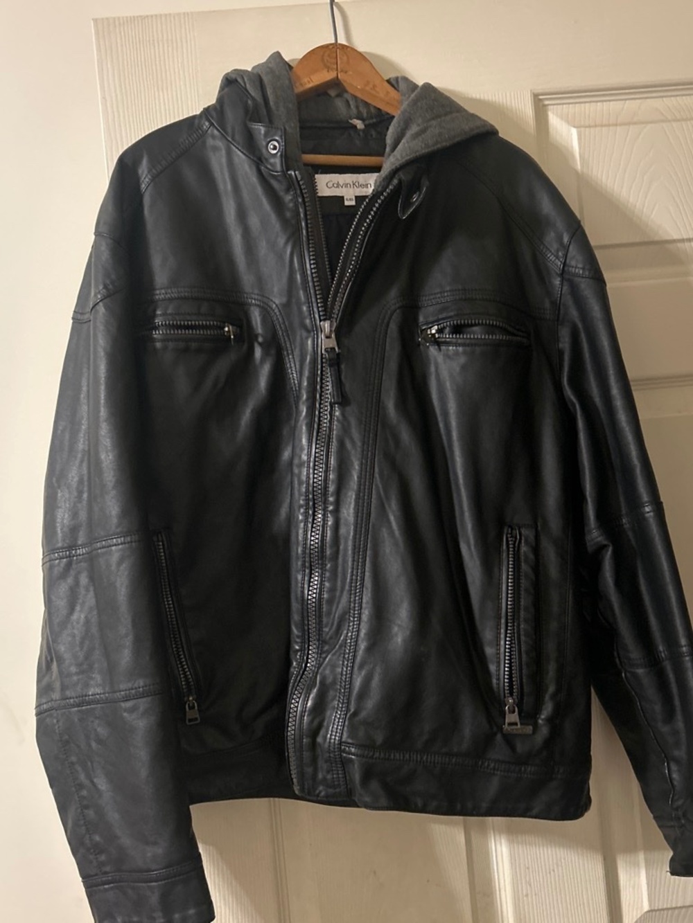 Calvin Klein XL Black Hooded Faux Leather Moto Jacket
